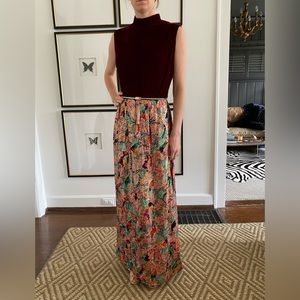 Vintage 60s Lame Brocade Dress Gown Womens 6 Red Velvet Bodice w/ belt.